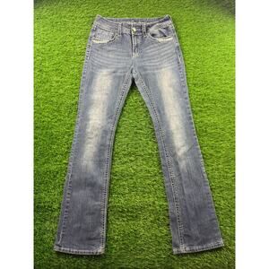 Women's Sz 28 Bootcut Jeans Blue Denim Mid Rise Flare Stretch Casual Distressed